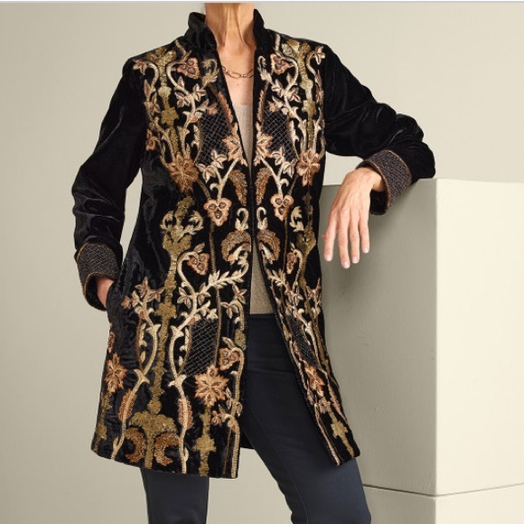 Soft Surroundings Antoinette Velvet black long embroidered beaded jacket Large - Picture 16 of 16